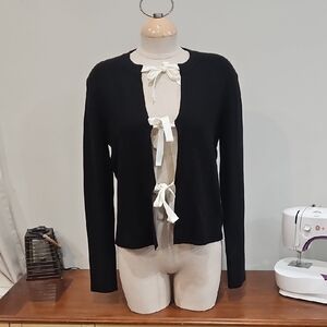 Black Open-Front Tie Cardigan Sweater Sz Med.